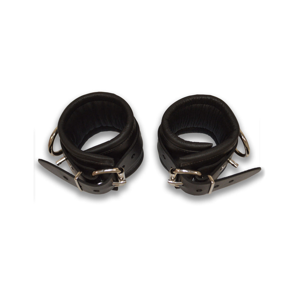 Prowler RED lockable leather ankle restraints in black, S/M pair - BDSM Authority