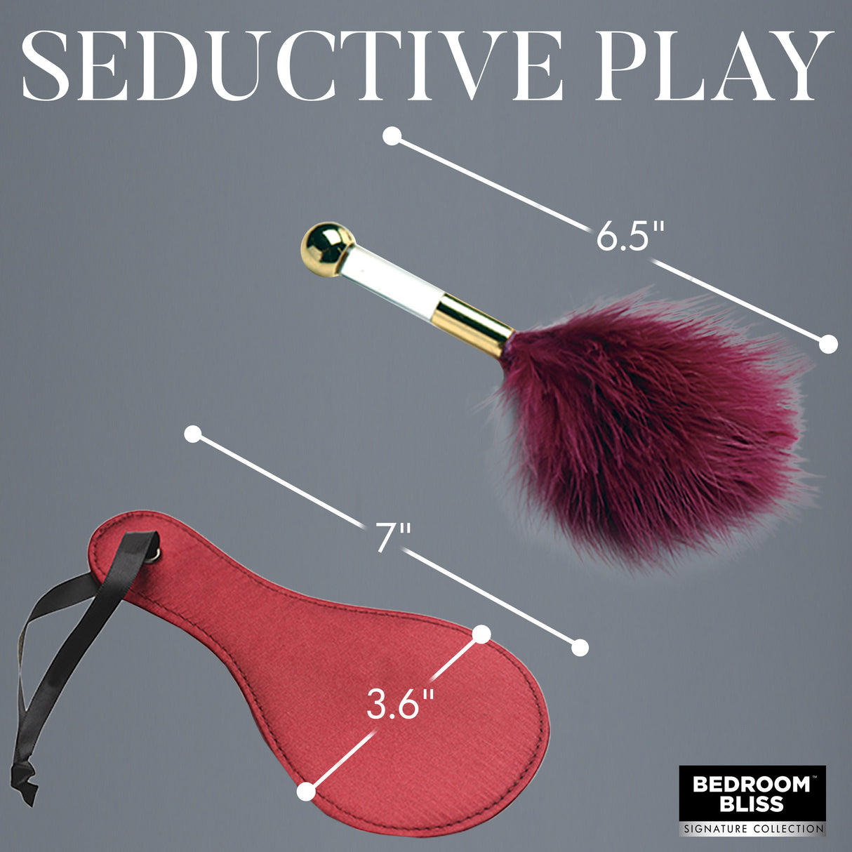 Red satin paddle and feather tickler with measurement callouts - BDSM Authority
