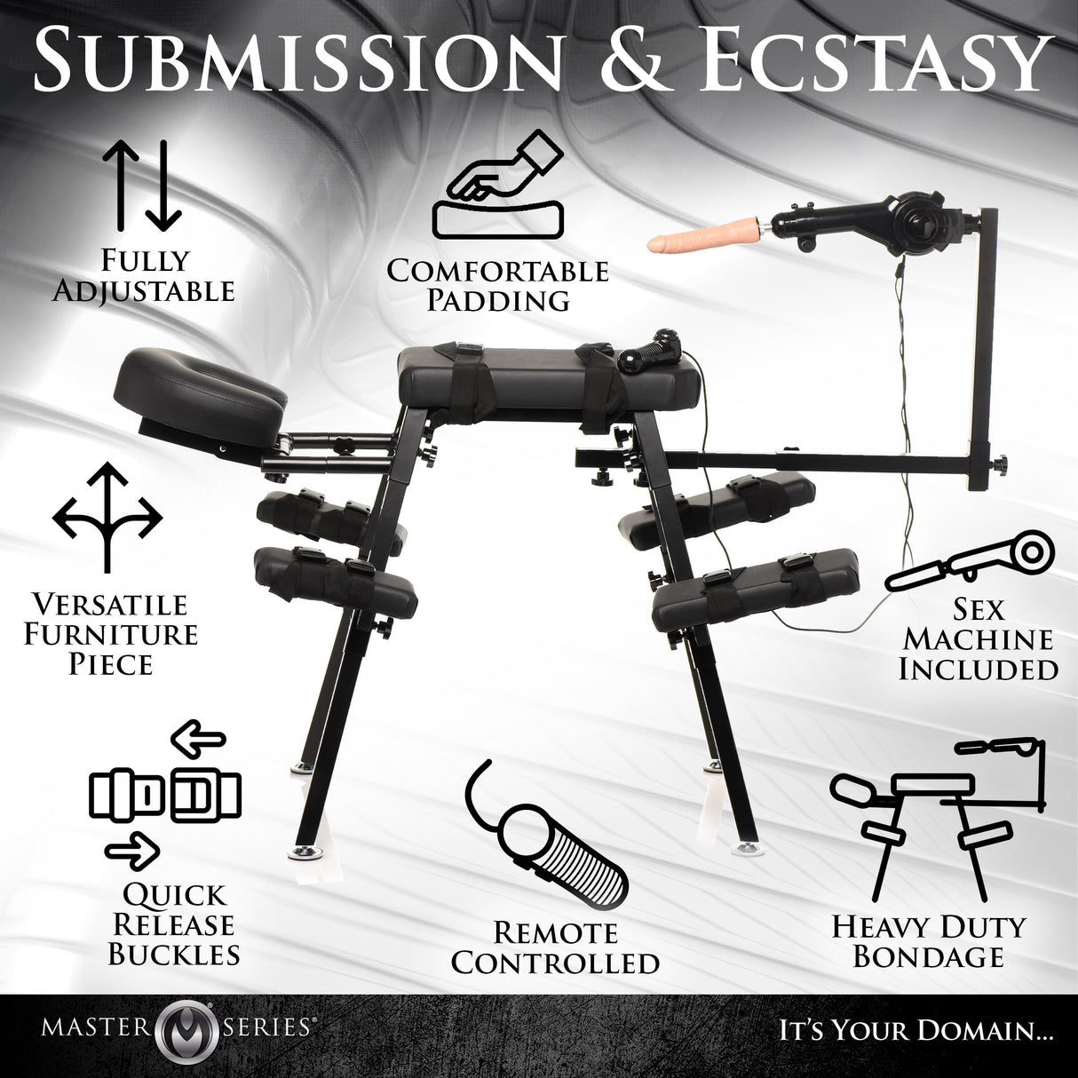 Obedience Bondage Chair with Sex Machine: restraint hardware detail - BDSM Authority