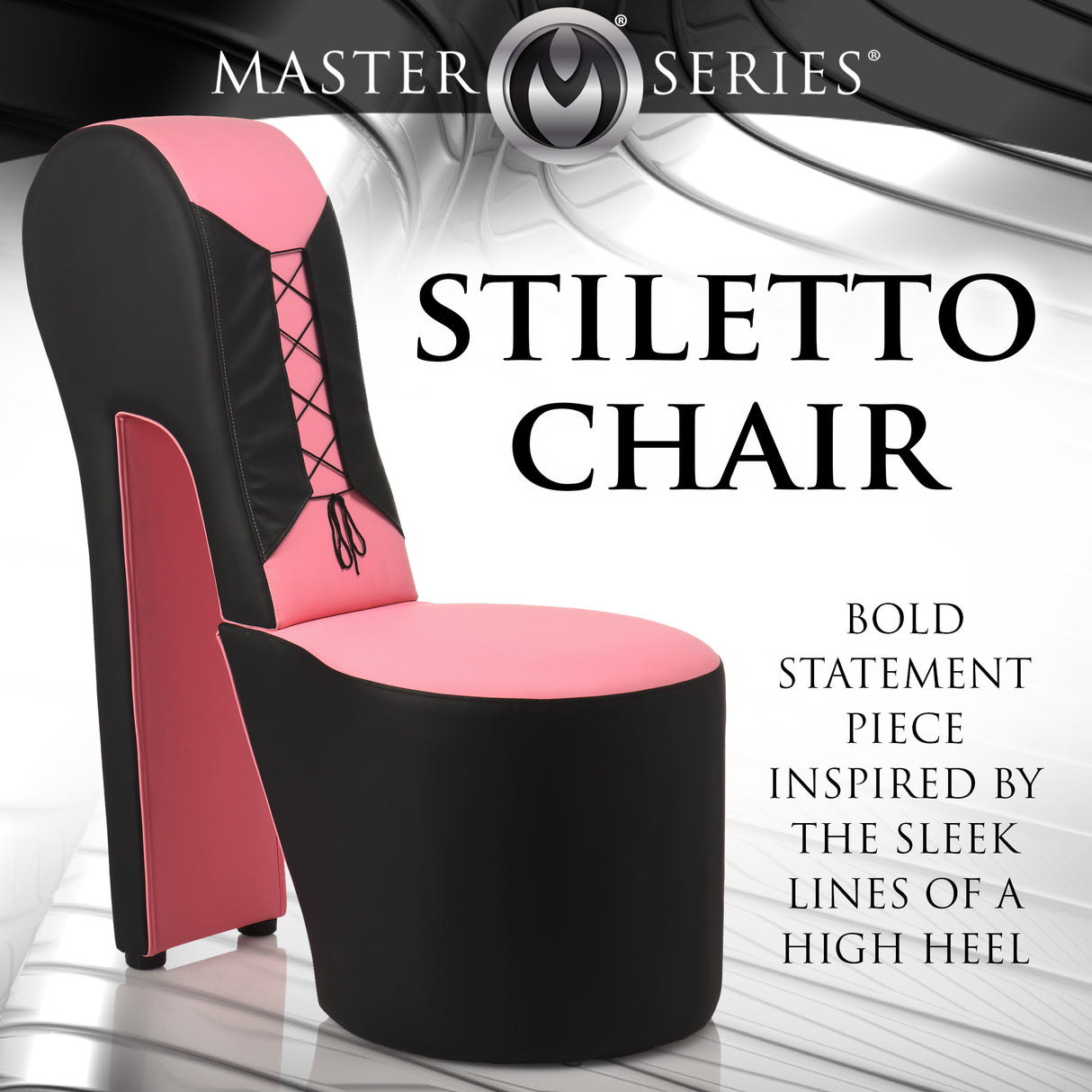Stiletto corset bondage chair pink detail of lace-up corset back - BDSM Authority