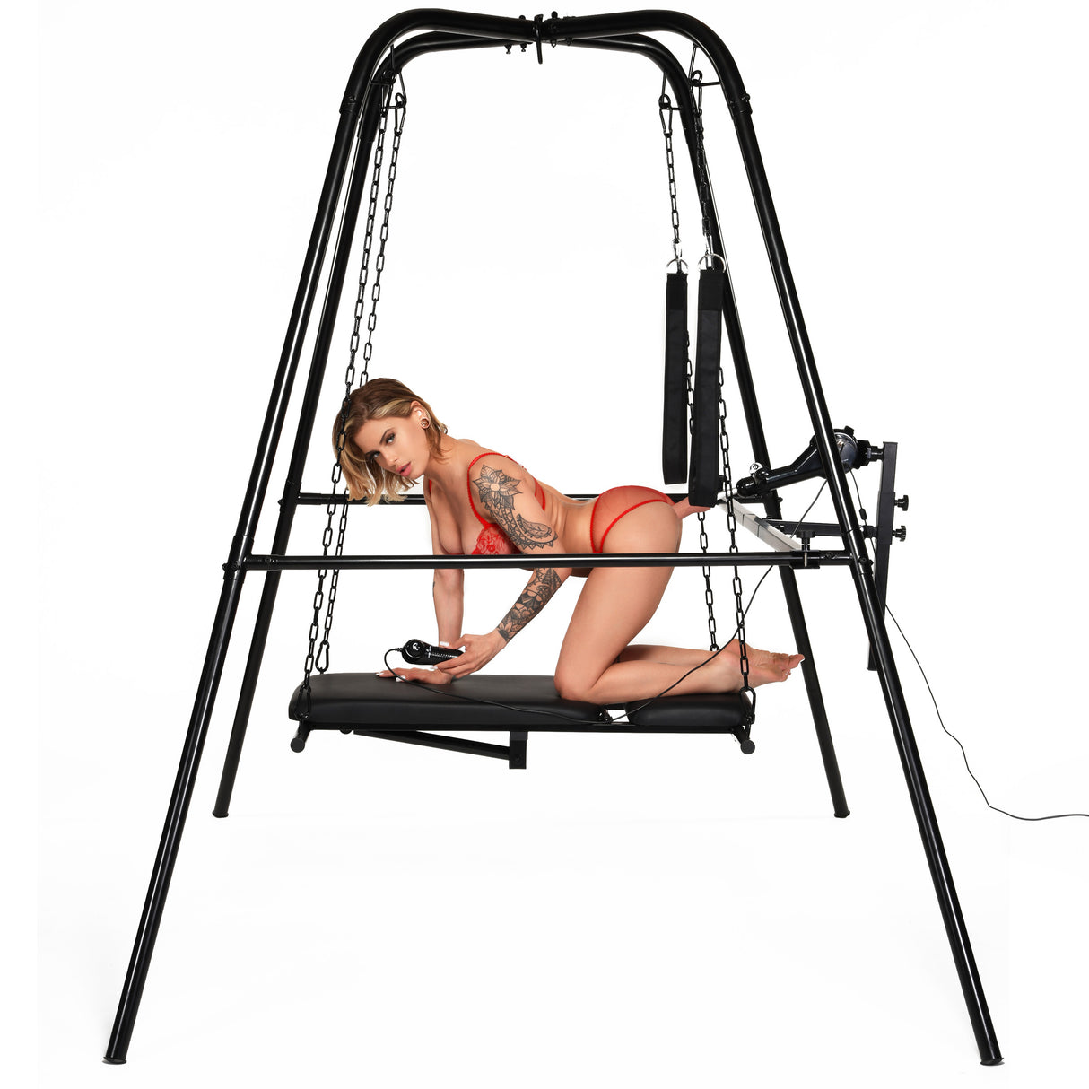 Deluxe Adjustable Sex Sling Throne with Sex Machine: rear view - BDSM Authority