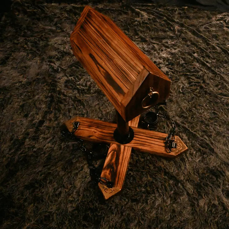 St. Andrew's cross detail showing adjustable height locking mechanism and anchor points, BDSM Authority
