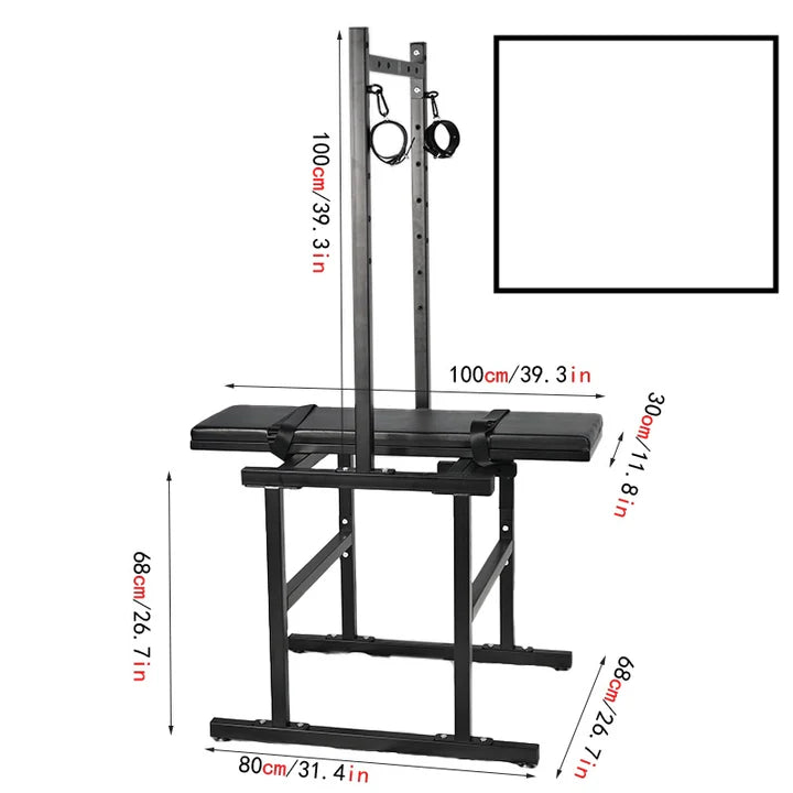Adjustable Breeding Stand BDSM Positioning System with dimension specifications included, heavy-duty adjustable BDSM furniture featuring reinforced frame, padded supports, and multi-point restraint system for stable positioning and support.