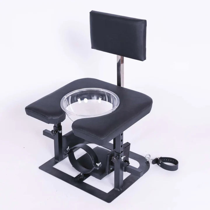 Adjustable queening chair with transparent funnel top view for BDSM and fetish furniture setup