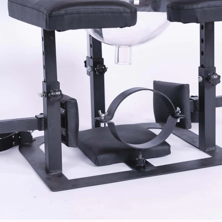 Adjustable queening chair with transparent funnel and head placement for BDSM and fetish furniture setup