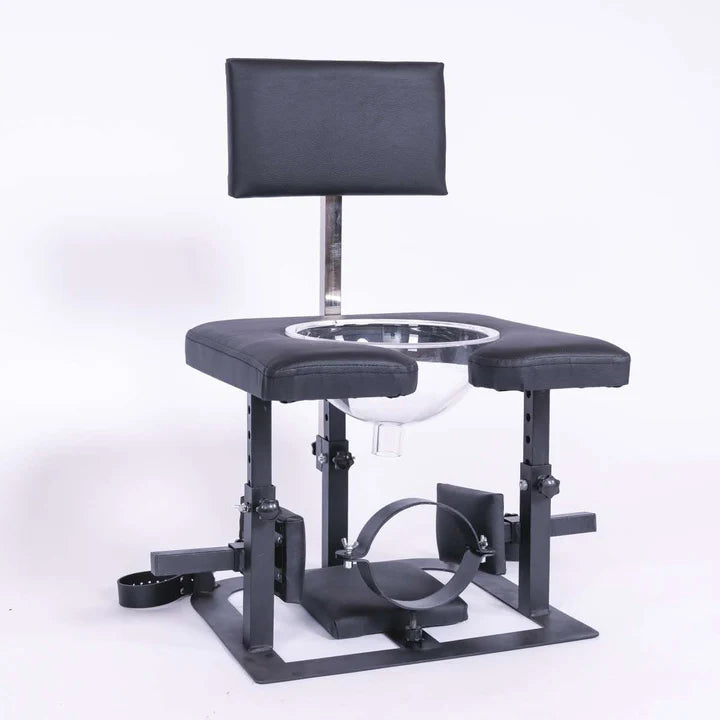 Adjustable queening chair with transparent funnel left view for BDSM and fetish furniture use