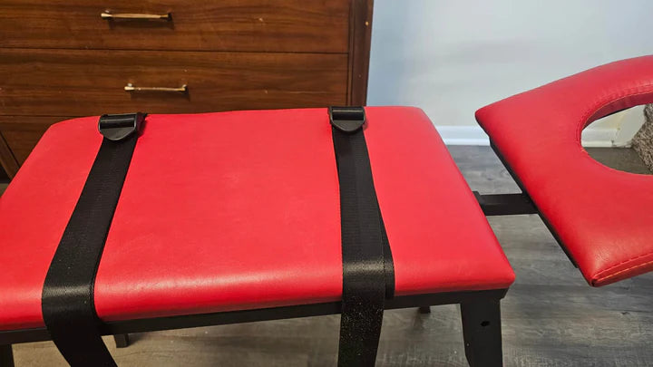 Adjustable Spanking Stand Bondage Table with body pad, heavy-duty BDSM furniture featuring padded support surface, adjustable height, and reinforced frame for secure positioning and impact play support.