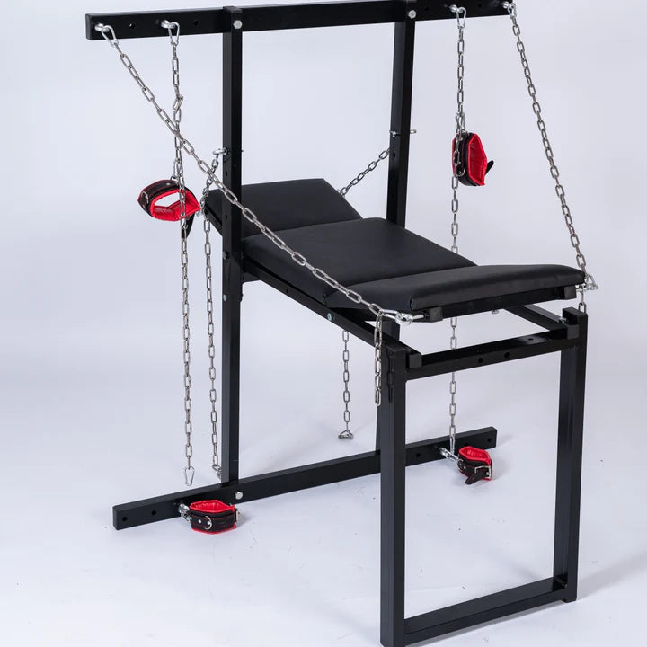 Exhibition bench for bondage, humiliation, and breeding fetish furniture with integrated restraint system and secure positioning design