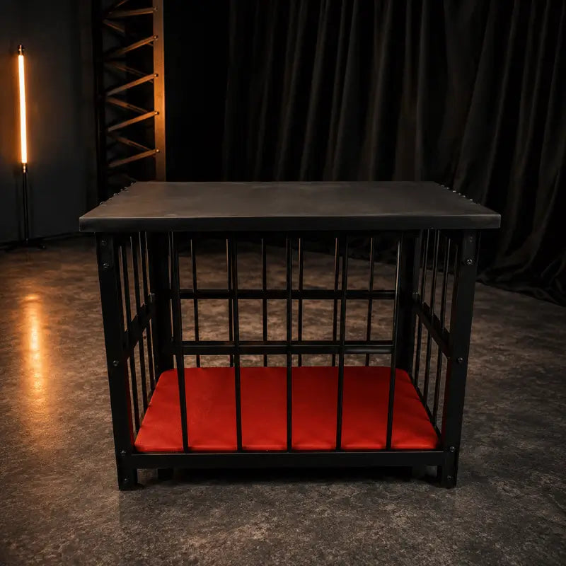 Heavy-duty cage table with reinforced steel frame and integrated enclosed restraint structure