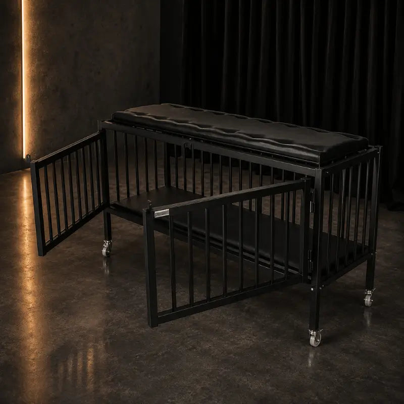 Heavy-duty metal cage-style studio bed with reinforced frame and enclosed structural design N-GZ-011