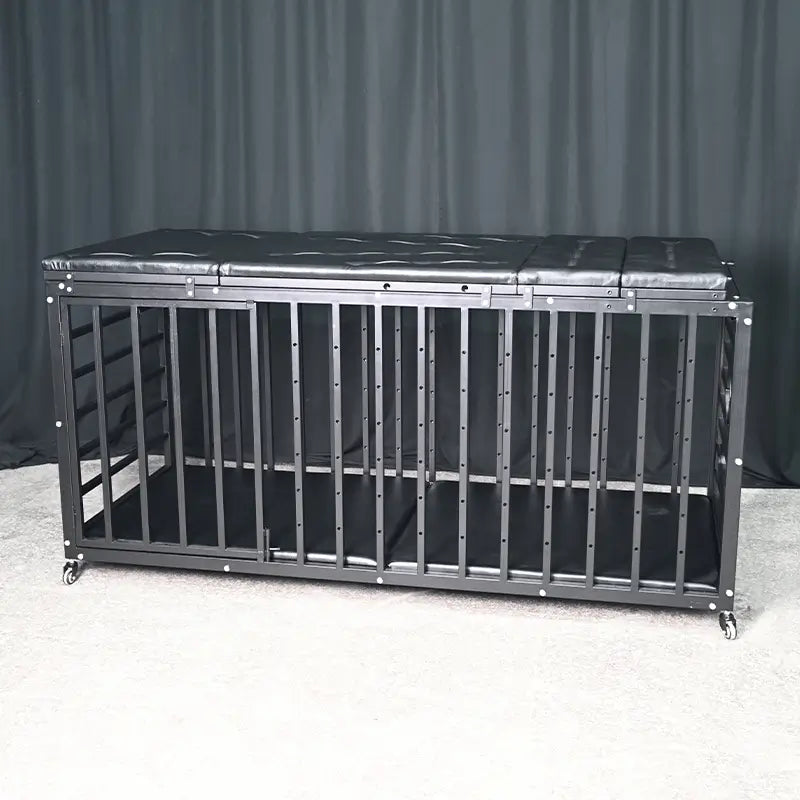 Heavy-duty Pleasure Bed HQJS-012 front view showcasing a sturdy steel frame bed with reinforced support and modern industrial-style design.