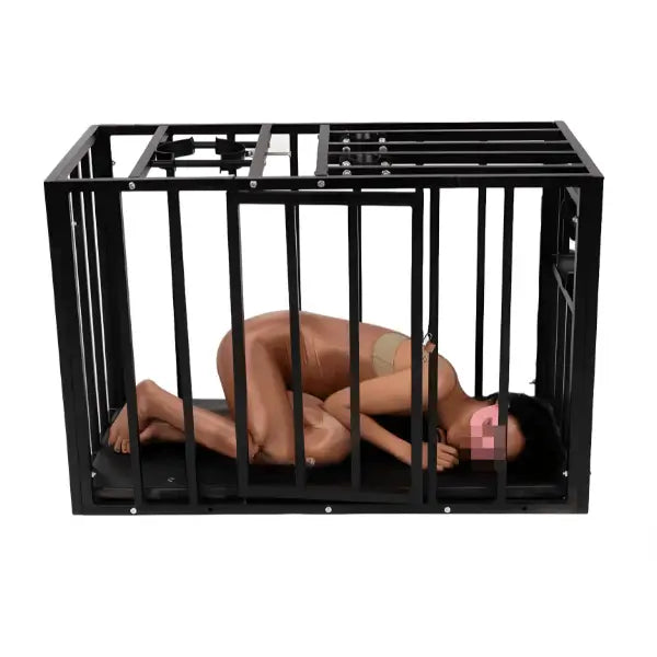 Heavy duty extra large confinement cage front view with model inside showing scale and structure - BDSM Authority