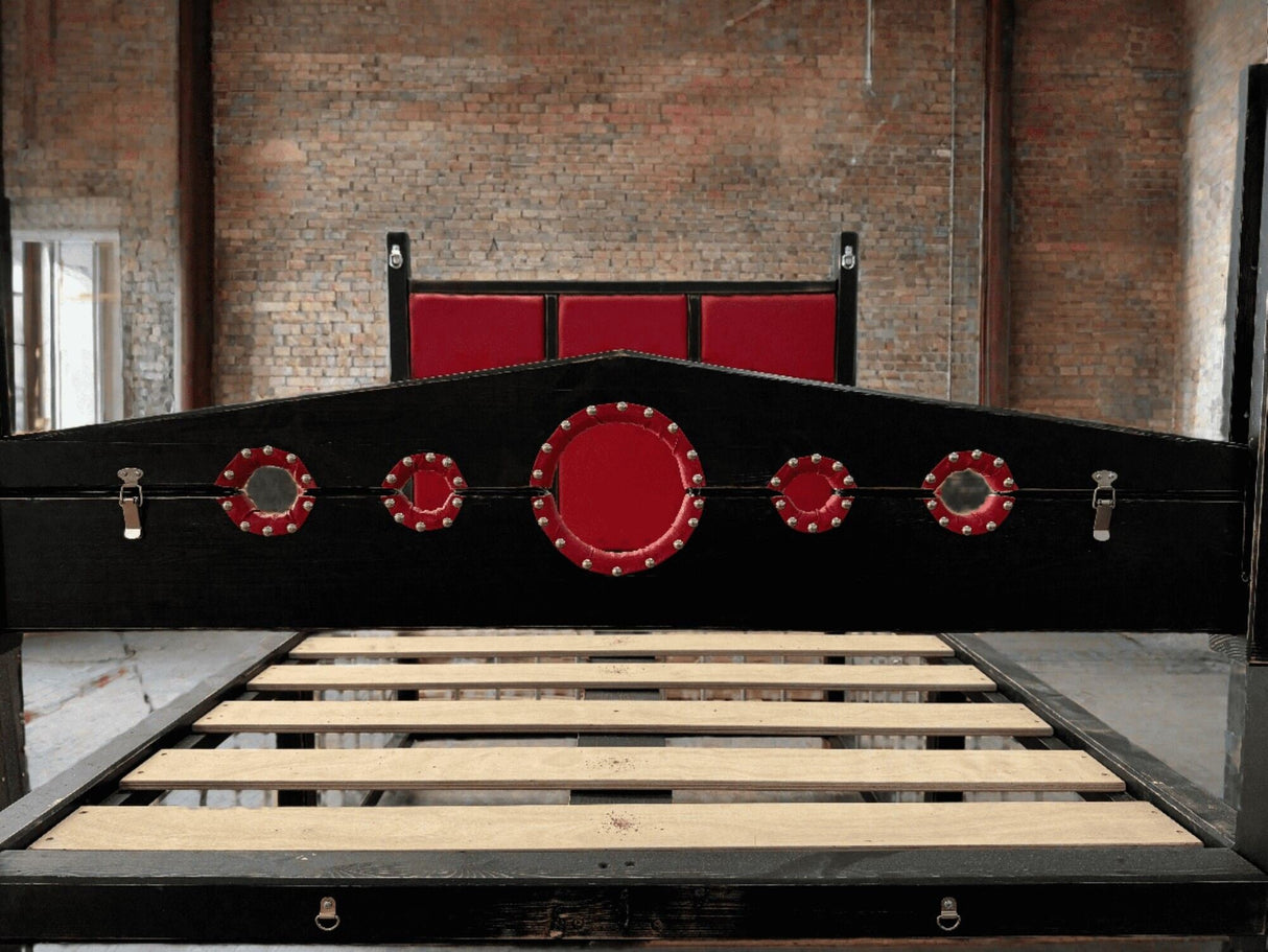 King Size BDSM-Inspired Wooden Bed with Cage & Restraint Options