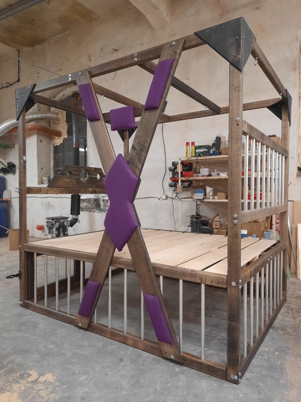 Queen Size BDSM Bed with Removable Cross – Elegant Dungeon Furniture for Passionate Play