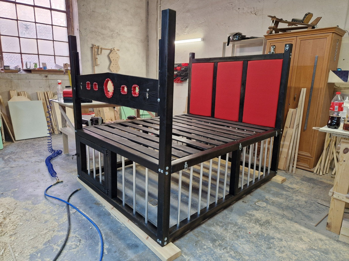 King Size BDSM-Inspired Wooden Bed with Cage & Restraint Options