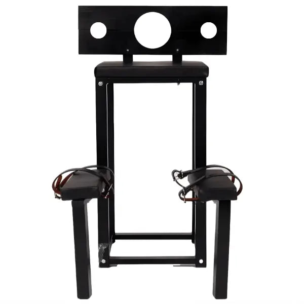 Kneeling stockade restraint bench front view showing pillory and secure positioning - BDSM Authority