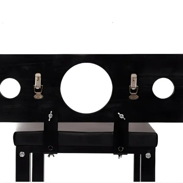 Kneeling stockade bench hinged head and wrist pillory detail with locking openings - BDSM Authority