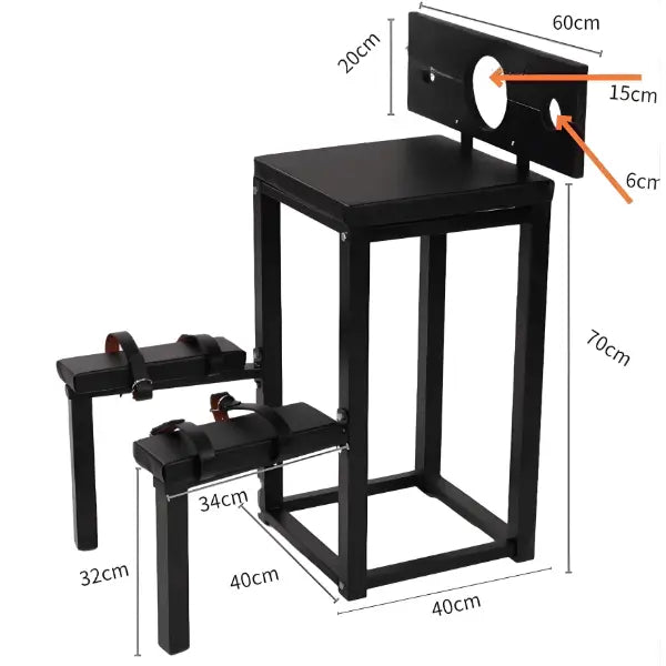 Kneeling stockade restraint bench with labelled dimensions and frame measurements - BDSM Authority