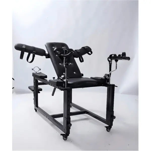 Lux adjustable bondage bench system left side view showing reinforced frame, adjustable structure, and ergonomic support design