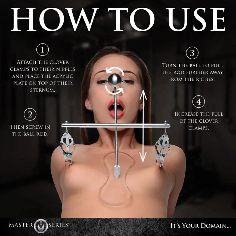 Master Series Tower of Pain Adjustable Clover-Style Nipple Clamps with Stainless Steel Tower and Acrylic Chest Pad