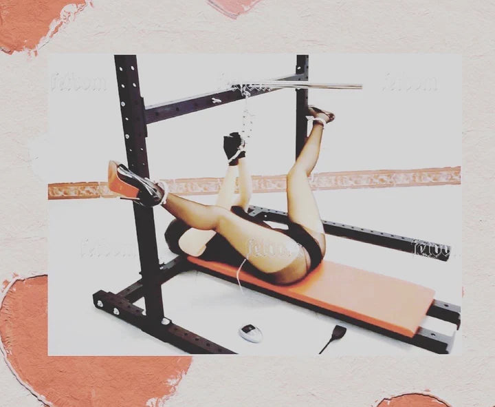 Multi-Position Bondage Stand System leg spread view, heavy-duty adjustable BDSM furniture featuring reinforced frame, padded supports, and secure leg positioning system for stable support and control.