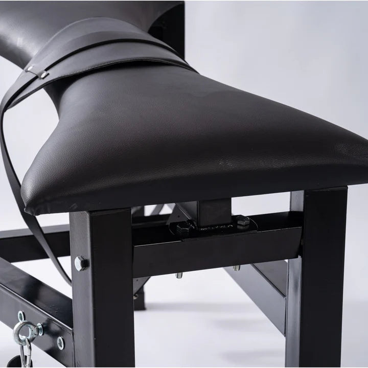Multi-Position Punishment Goat for Controlled Positioning and Split-Leg Restraint with body pads, heavy-duty BDSM restraint furniture featuring reinforced frame, padded supports, and adjustable split-leg positioning system for secure stability and comfort.
