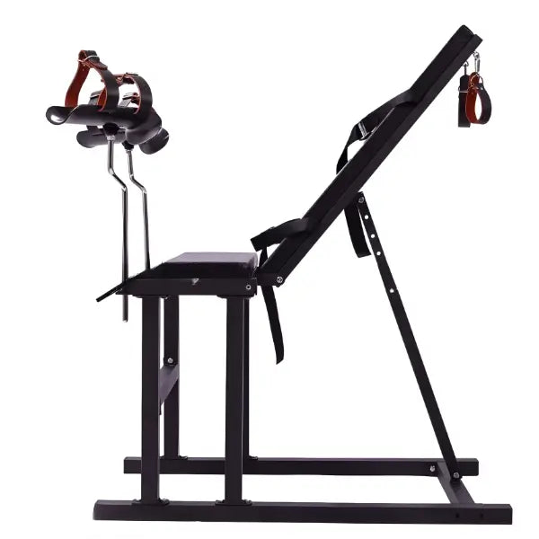 Multi-position restraint chair for full-body control and precision access side view showing reinforced frame, adjustable mechanisms, and secure structural design
