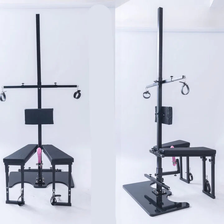 Orgasm Tower Dual-Position Cross & Bondage Chair System two-sided view showing dual-position frame, reinforced structure, and adjustable restraint attachment points.