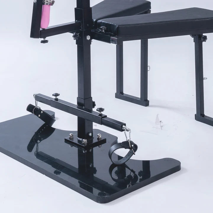 Orgasm Tower Dual-Position Cross & Bondage Chair System with foot restraints, reinforced frame, adjustable tie points, and multi-position BDSM furniture design.