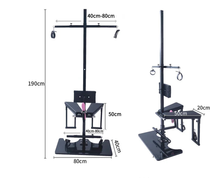 Orgasm Tower Dual-Position Cross & Bondage Chair System with specification view – premium heavy-duty BDSM furniture combining a dual-position restraint cross and integrated bondage chair, featuring reinforced frame construction, multiple adjustable restraint points, stable base support, and detailed specification layout for dimensions, material structure, and configuration options in adult lifestyle setups.