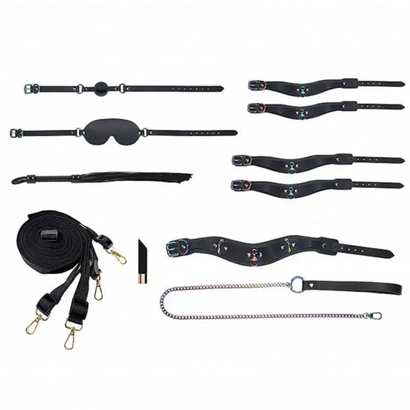 Ouch! International Venice Collection 8-Piece Bondage Kit with Iridescent Handbag, Collar, Cuffs, Flogger and Vibrating Bullet