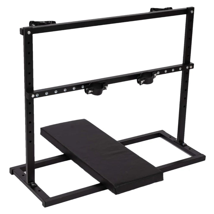 Portable Breeding Stand Bench side view, heavy-duty adjustable BDSM restraint furniture featuring reinforced portable frame, padded supports, and secure positioning system for stable support and control.