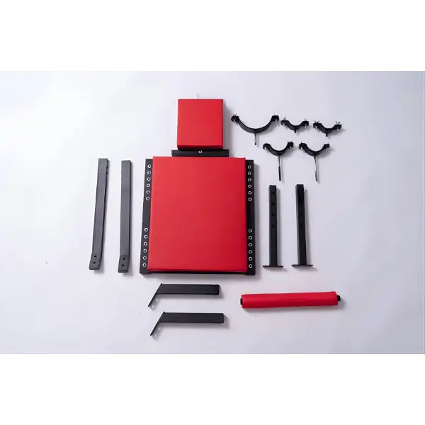 Portable commercial-grade adjustable restraint bench system showing individual parts and components for BDSM furniture assembly and adjustable platform structure