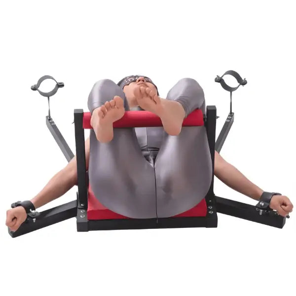 Portable commercial-grade adjustable restraint bench system, front view showing reinforced frame and adjustable platform design