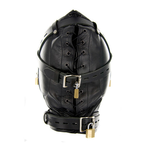 Strict Leather Sensory Deprivation Hood- SM - close-up of leather stitching and buckles - BDSM Authority
