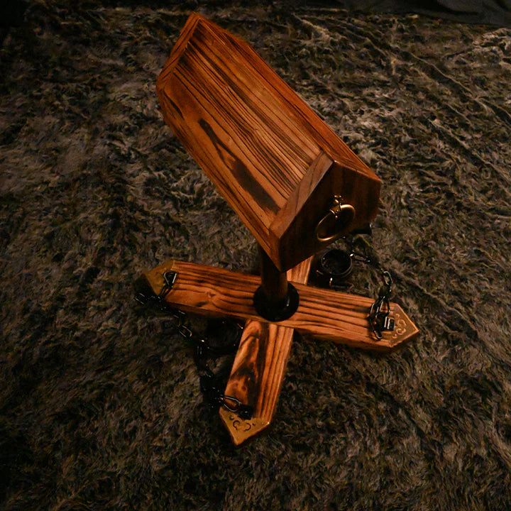 Spanish Rider Elm Wood Adjustable Pressure and Restraint System top view – elm wood BDSM stand with central pole layout, restraint points, and symmetrical adjustable support structure.