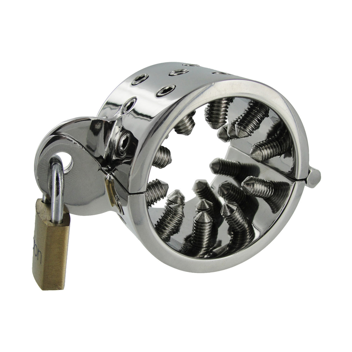 Angled view of the steel CBT ring with screw points threaded inward and padlock - BDSM Authority