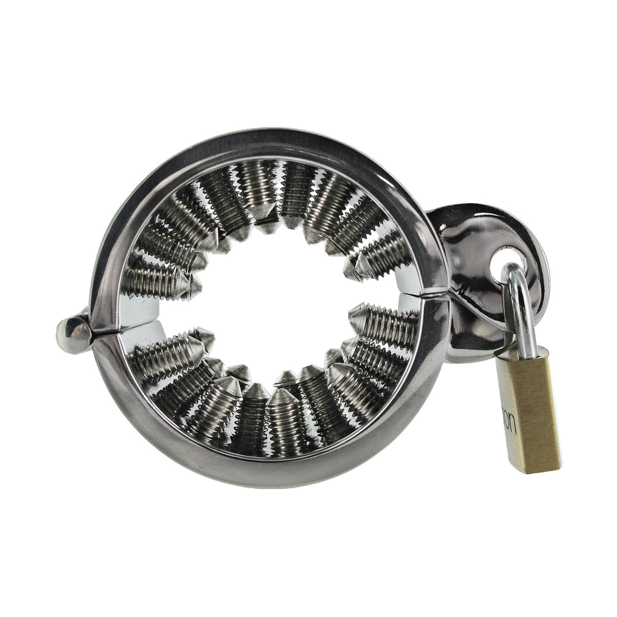 Stainless steel CBT ring with rows of inward screw points and a brass padlock - BDSM Authority