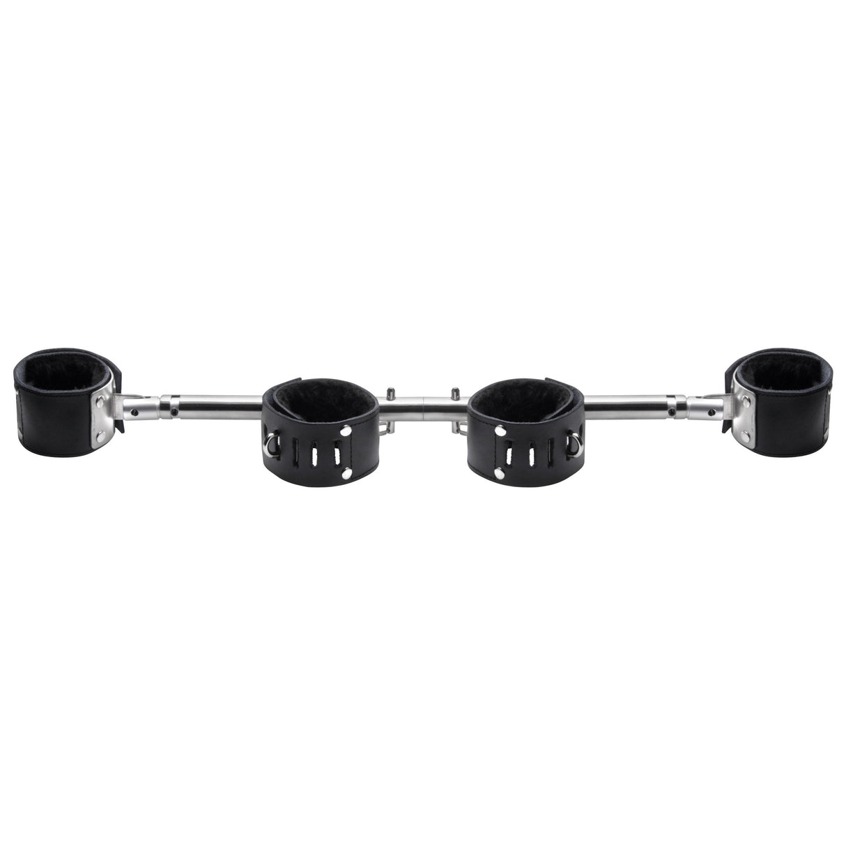 Adjustable swiveling spreader bar with four black leather cuffs on a silver aluminum bar - BDSM Authority