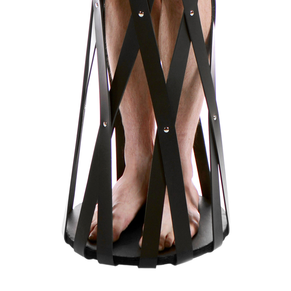 Rubber strap bondage cage feet and base view - BDSM Authority