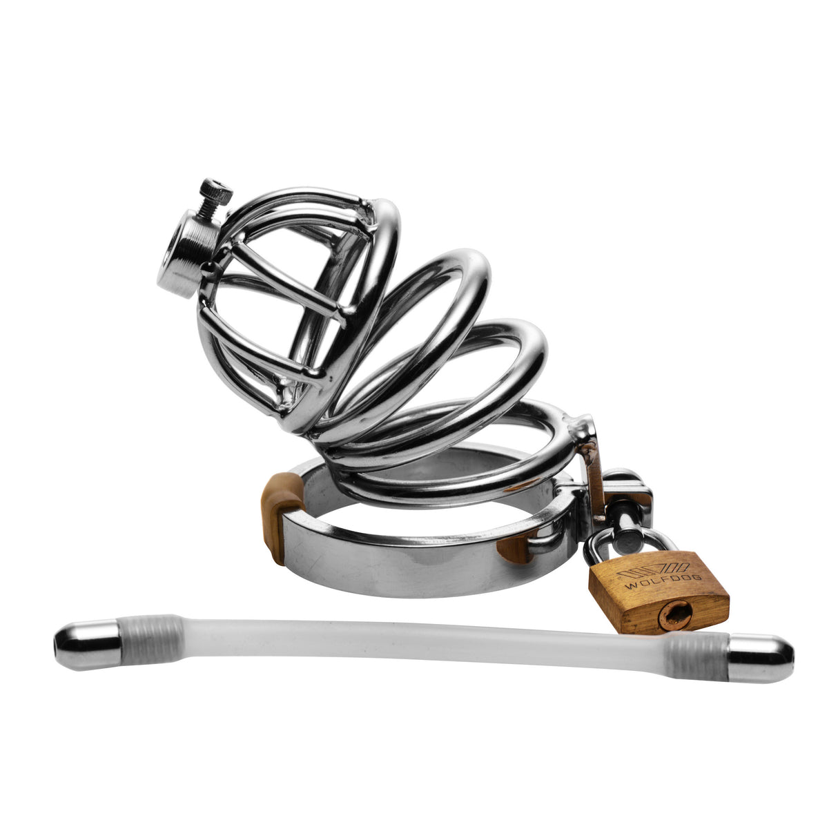 Stainless steel chastity cage components shown separated: cage, silicone urethral plug, base ring, lock and keys - BDSM Authority