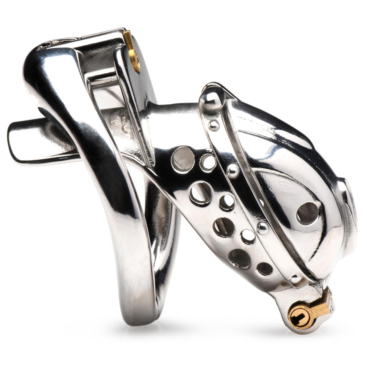 Master Series Entrapment chastity cage showing interchangeable end caps - BDSM Authority