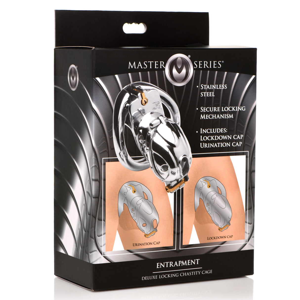 Master Series Entrapment Deluxe locking chastity cage retail packaging - BDSM Authority