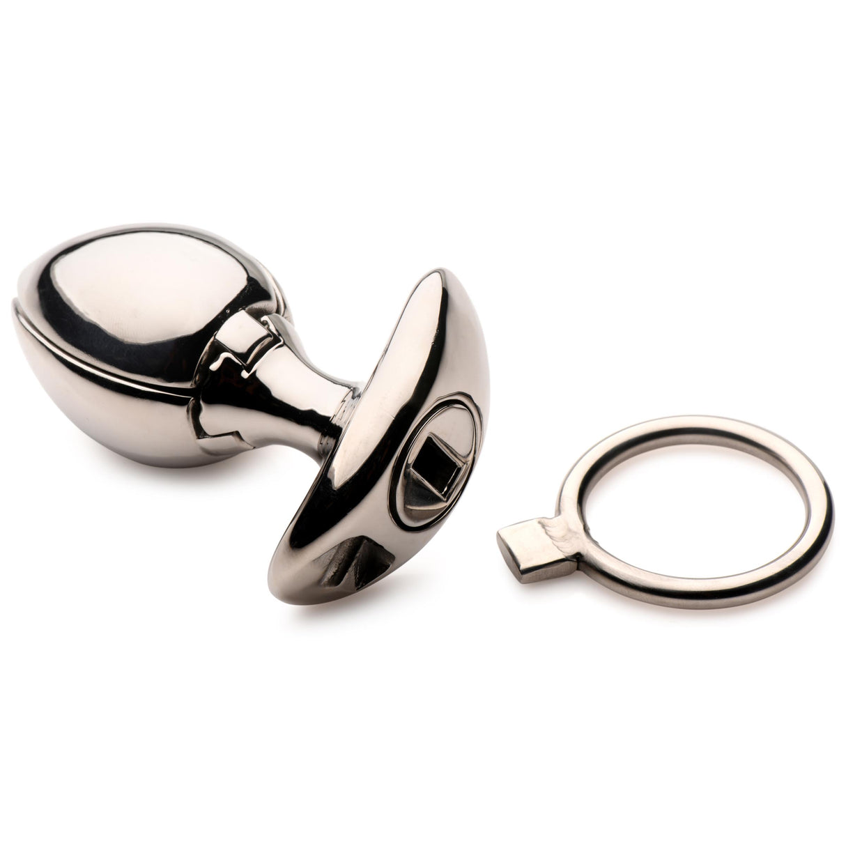 Side view of the contracted stainless steel plug with circular key - BDSM Authority