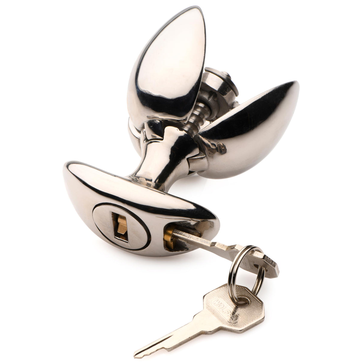 Steel anal plug with the locking keys showing the slim neck and wide base - BDSM Authority