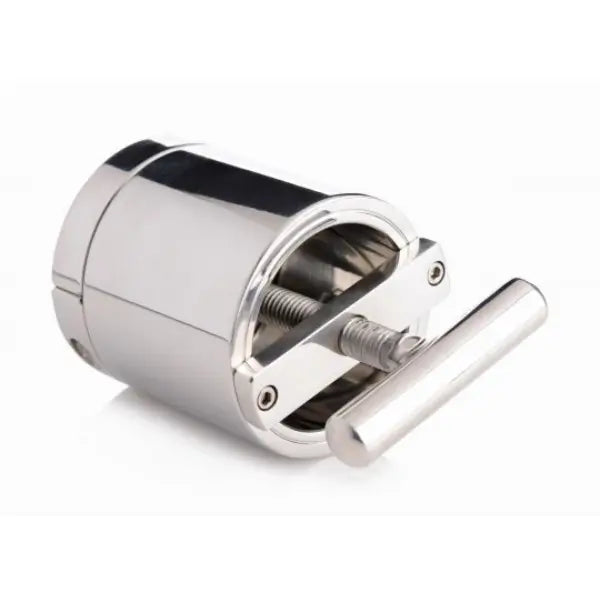 Ball Press CBT Chamber AC551 shown at an angle with the compression mechanism partially extended, highlighting the polished stainless steel construction.