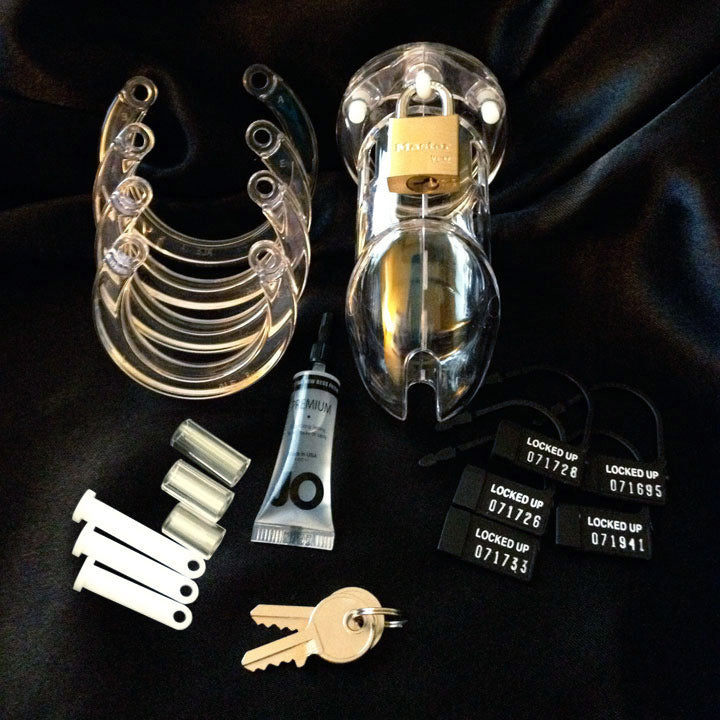 Clear polycarbonate CB-6000 male chastity cage with sizing rings and locks - BDSM Authority