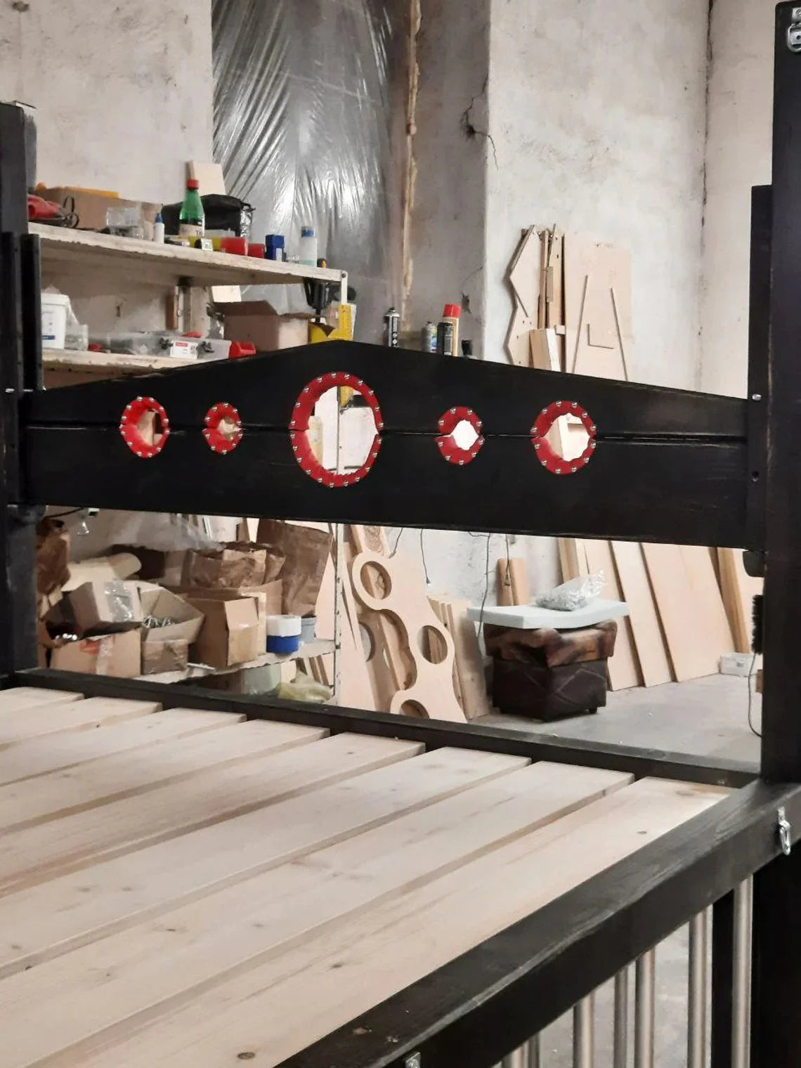 King Size BDSM-Inspired Wooden Bed with Cage & Restraint Options