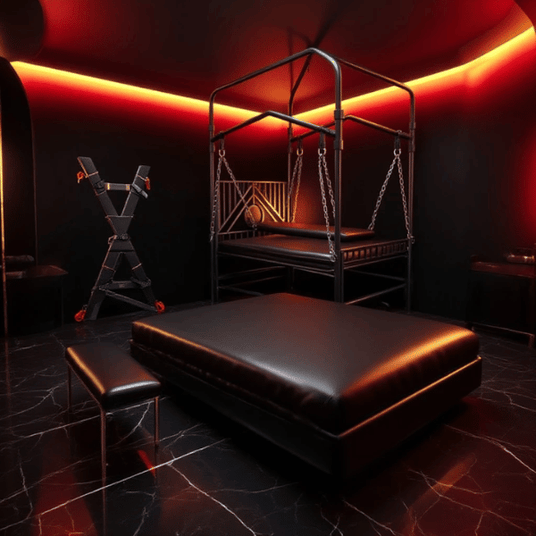 Luxury BDSM dungeon room featuring a black bondage bed with chains, St. Andrew’s cross, and red ambient lighting for an elegant and seductive atmosphere.