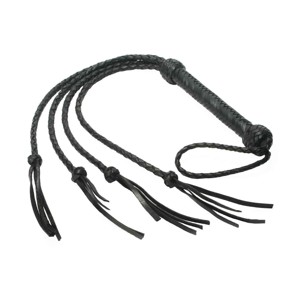 Strict Leather Four Lash Whip in black braided garment leather with four splitting lashes - BDSM Authority